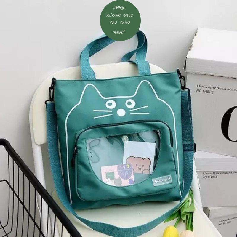 Túi tote vải canvas có khóa kéo đeo vai totebag Hàn Quốc in họa tiết Gấu xinh đi học tiện lợi