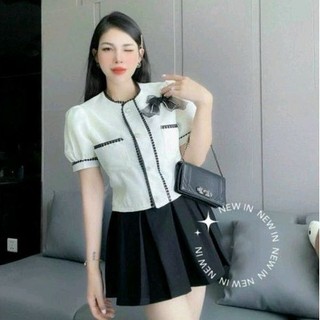 Áo kiểu chất xốp tàu đính nơ khuy ngọc xinh xắn m23