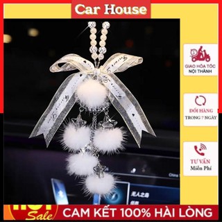 Khánh treo xe nơ dây quả bông trắng. Phụ kiện trang trí gương xe hơi