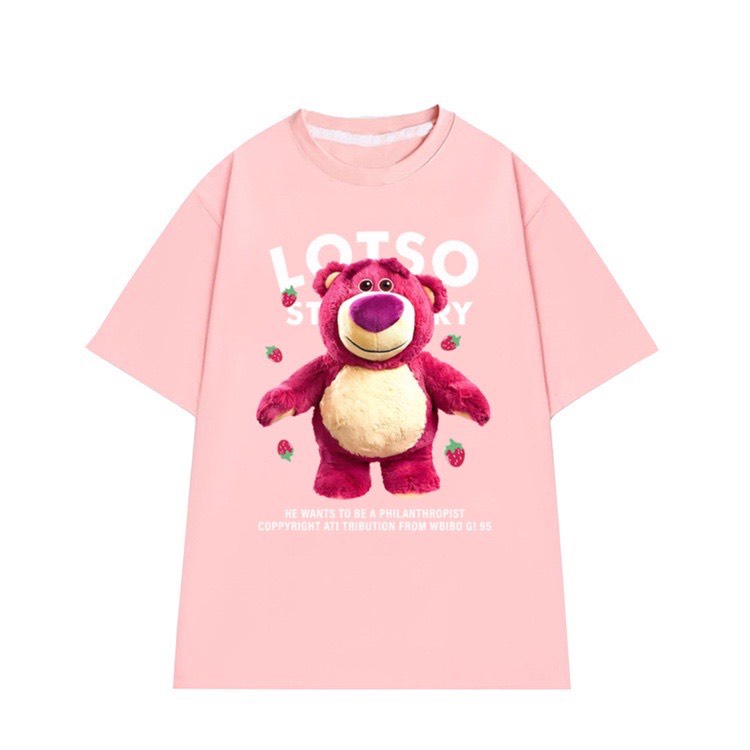 Áo thun gấu dâu màu hồng form rộng vải  cotton aophongfromrong.vn - áo phông nam nữ unisex phong cách ulzzang