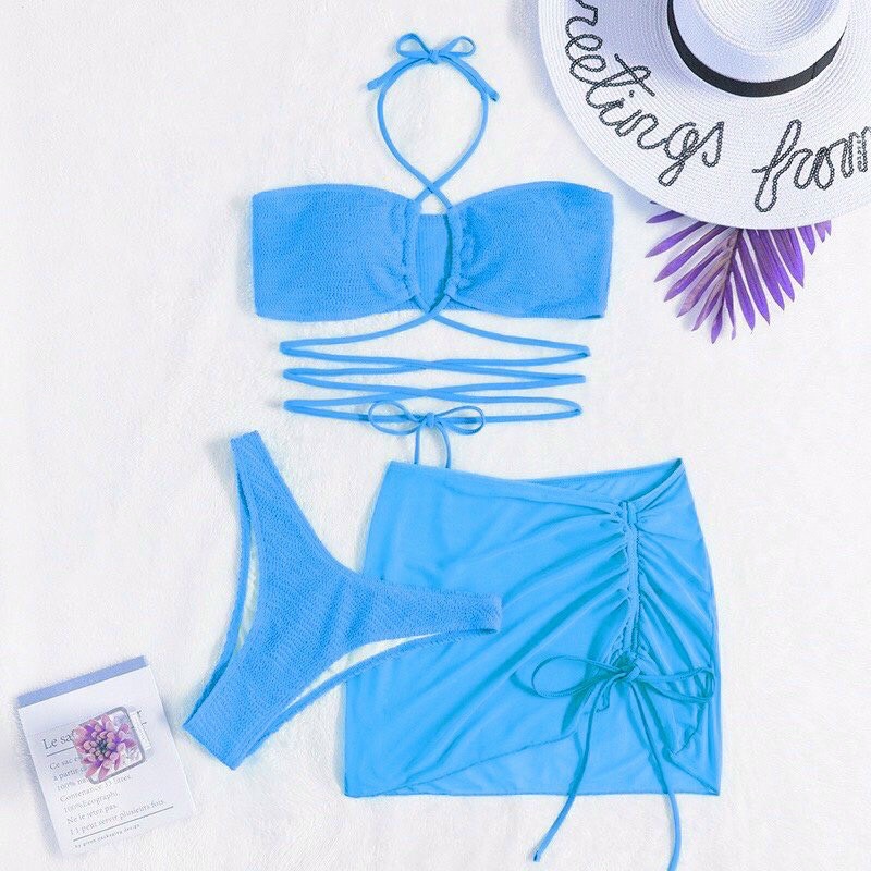 Bikini nữ 3 mảnh hàng nhập cao cấp áo quây cột ngực quần chip kèm váy lưới dây rút vải xốp nhiều màu