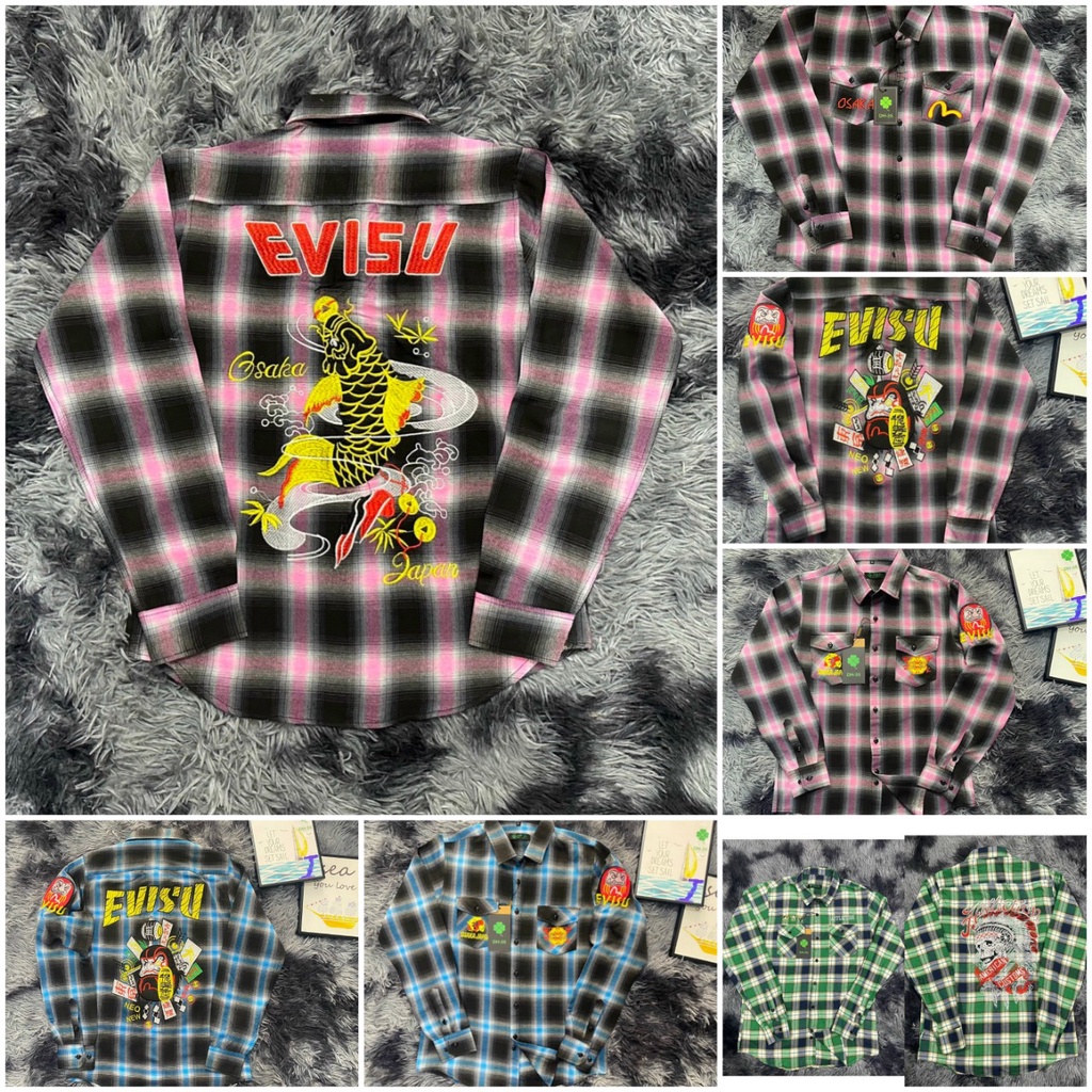 Thêu EVISU Cá Chép + Bùa sơ mi nam chất caro nỉ đẹp