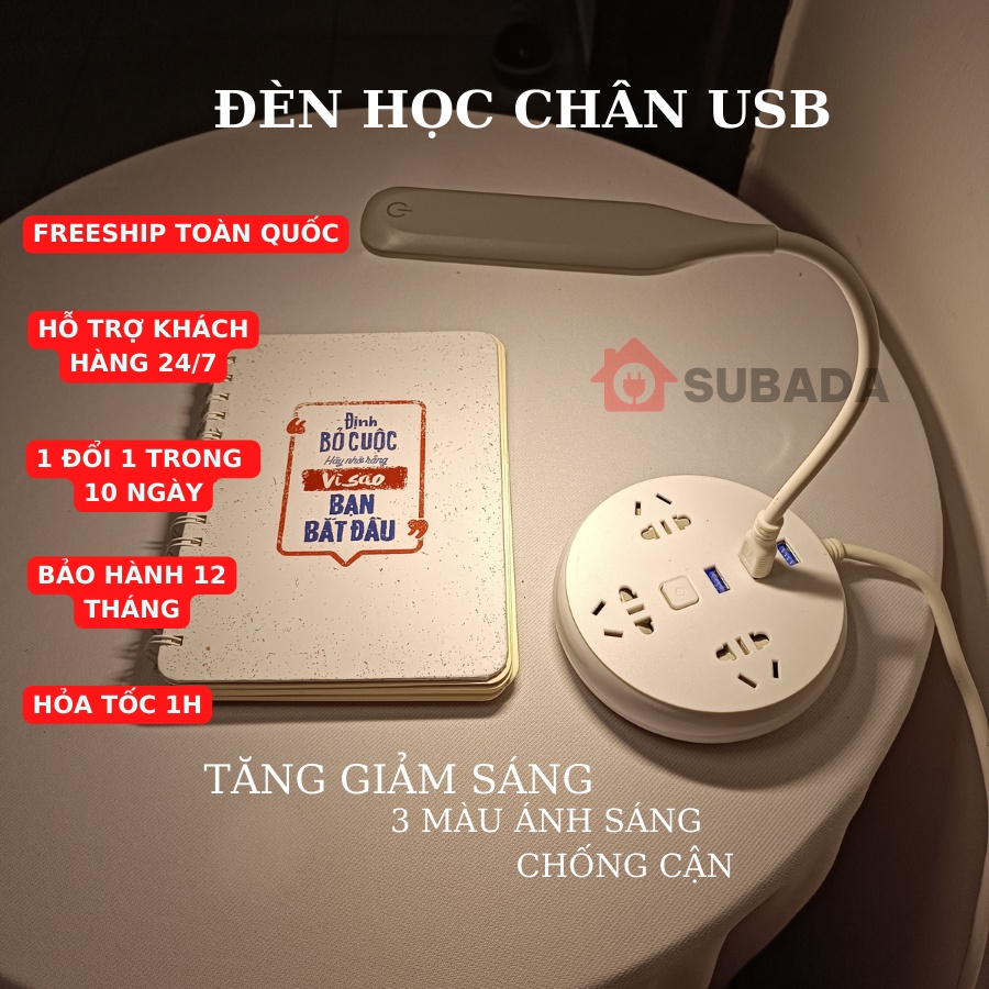 Đèn led usb bảo vệ mắt để bàn học làm việc SuBaDa 3 chế độ màu chống cận tăng giảm sáng kiêm đèn ngủ tiện lợi DU02