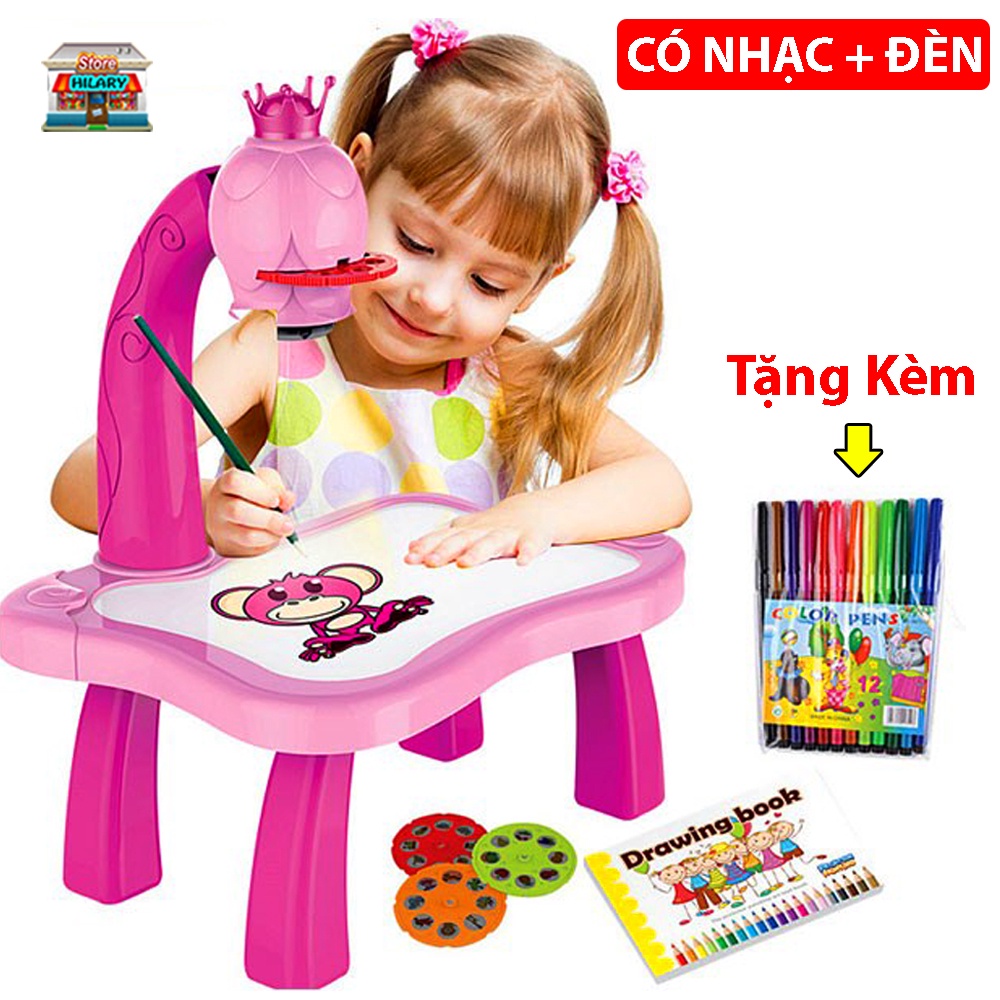 Bộ đèn bàn máy chiếu học vẽ mini cho bé , tập có 24 hình nhạc thông minh tặng kèm hộp bút 12 màu, bé, đa ảnh