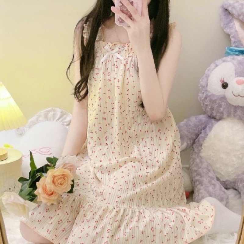 váy ngủ dễ thương hai dây bản to thun cotton mát lạnh dày dặn ngọt ngào phong cách học sinh sinh viên | BigBuy360 - bigbuy360.vn