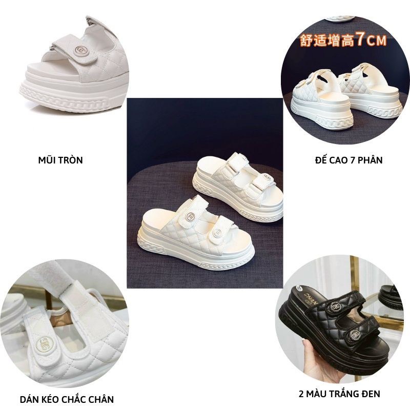 Dép Lê Nữ Độn Đế 2 Quai Ngang 7cm Hai Màu Trắng Và Đen