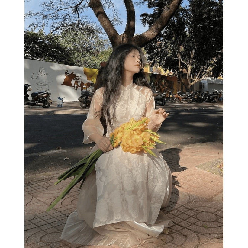 Áo dài cách tân áo dài tết tay lỡ chât tơ voan phối áo dài tết thời trang mùa xuân