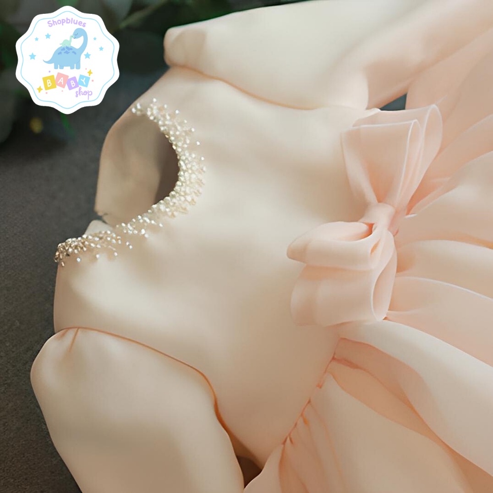 Váy công chúa bé gái SHOPBLUES tay dài màu trắng và hồng viền hạt cao cấp cho bé từ 0-12 tuổi