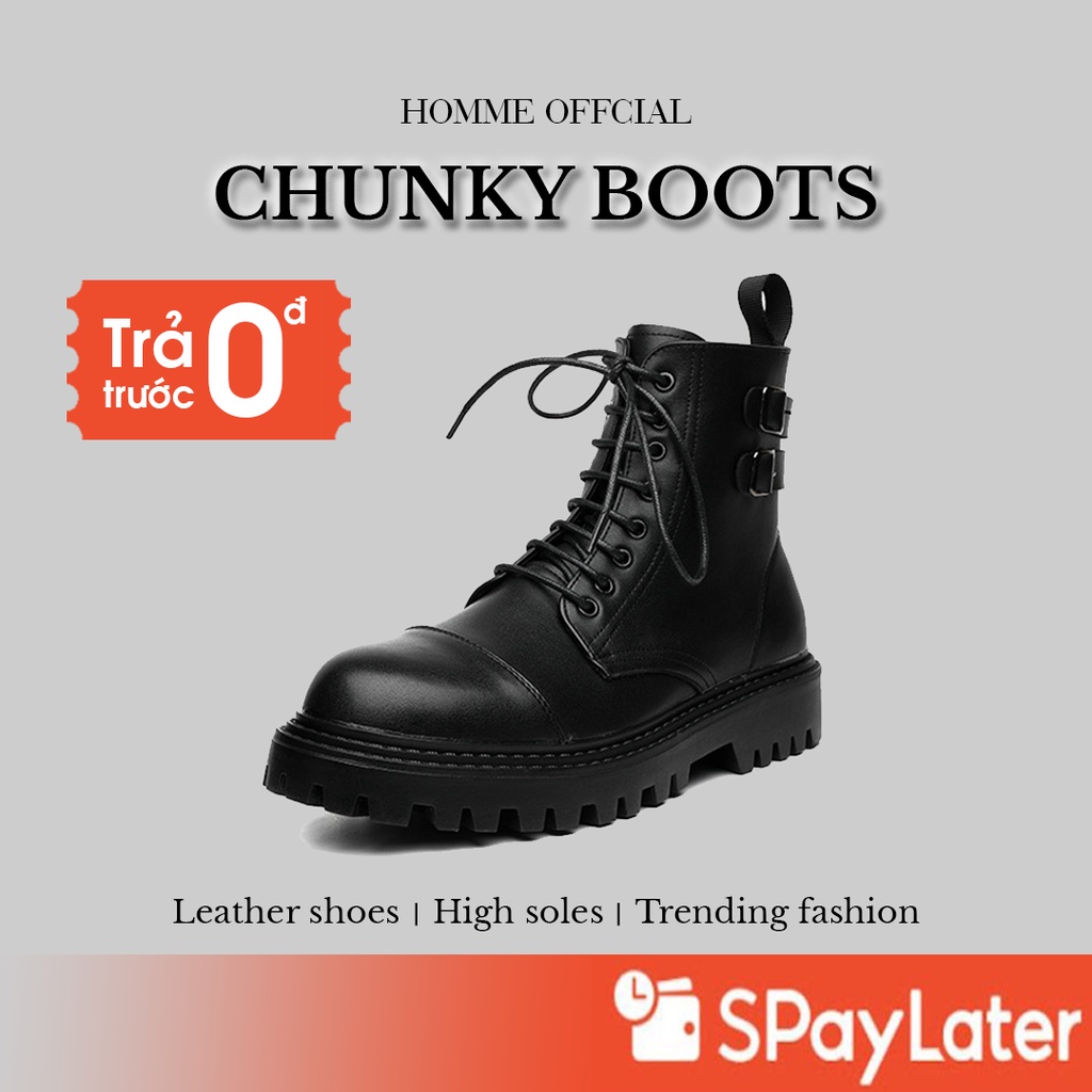 Giày Chunky Combat Boots khuy cài, Giày da cao cổ nam HOMME tăng 4,5cm chiều cao 12518-R