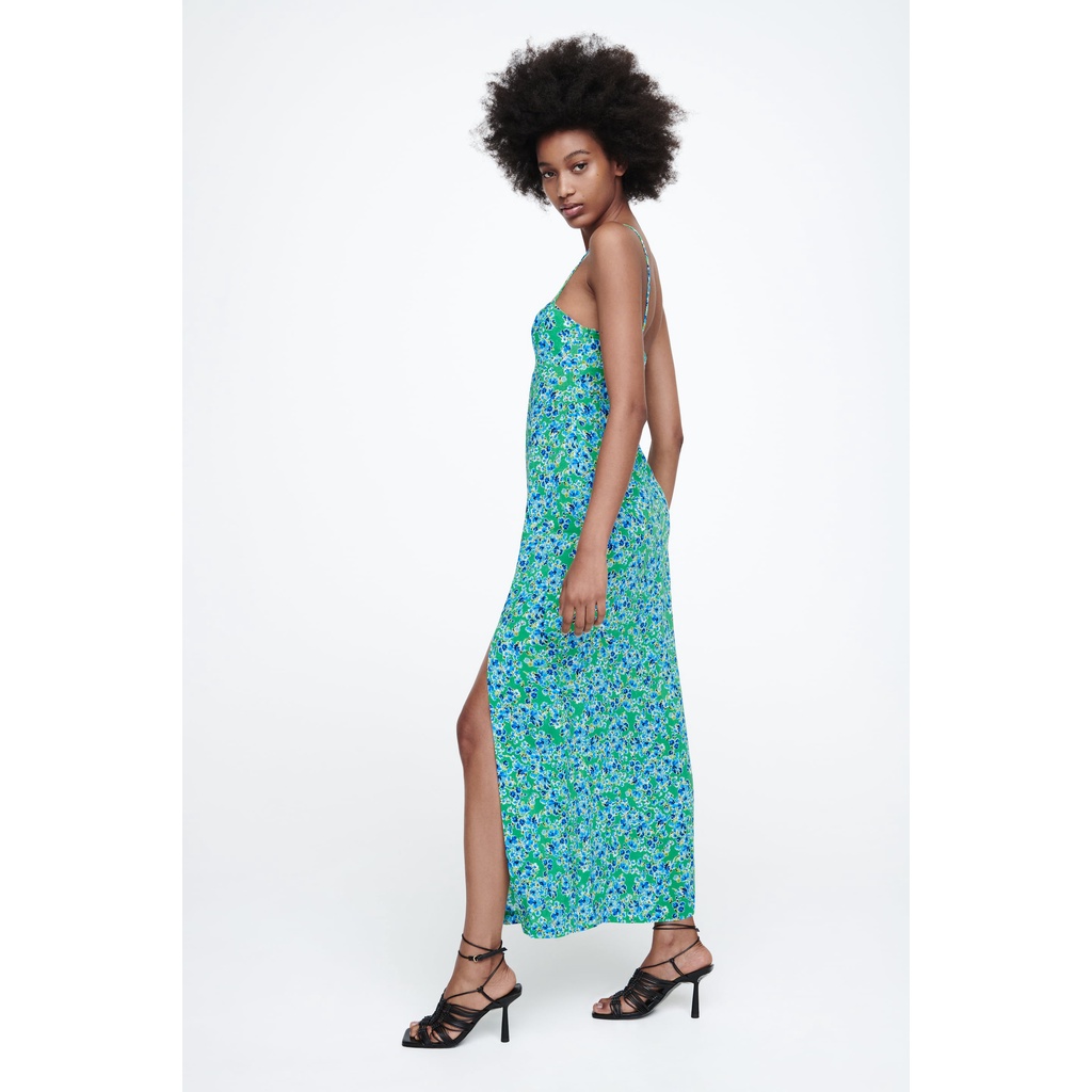 ZARA Đức - Đầm midi hai dây hoa nhí dáng dài cúp ngực lưng thun xẻ tà xanh dương sale auth new có sẵn 7484/163