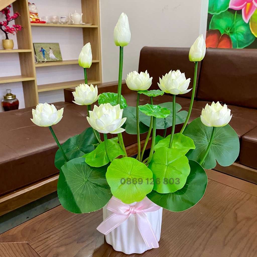 Hoa giả cắm sẵn - Chậu hoa sen giả cao cấp kèm bình sứ trang trí phòng khách, phòng ngủ, bàn trà.