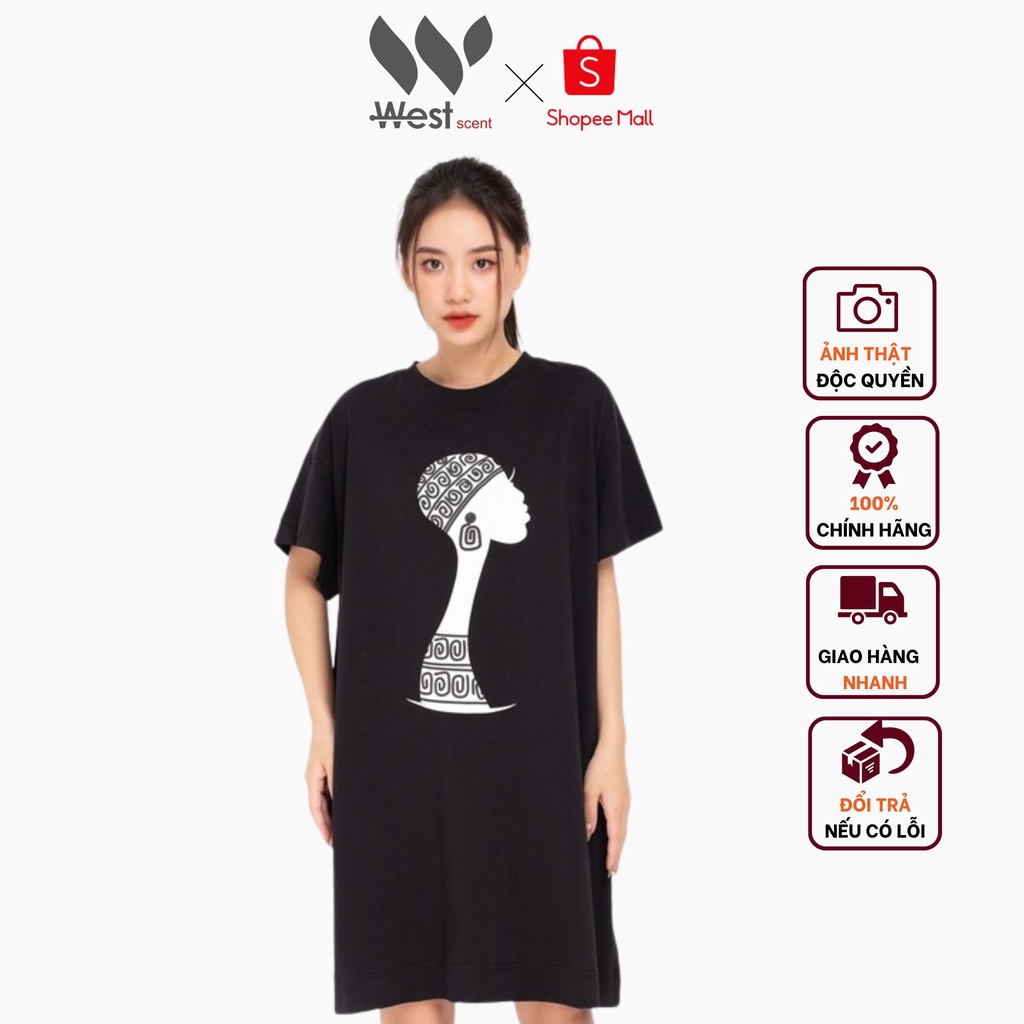 Váy Suông Nữ WEST SCENT Tay Lỡ 100% Cotton Họa Tiết Cô Gái Màu Đen Mặc Nhà Dạo Phố Tiện Lợi Freesize Dưới 75kg