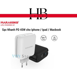 Củ sạc nhanh PD 45W cho iPhone 8 / iPhone X / Macbook Marakoko MA24 cổng USB Type C, công nghệ USB PD Power Delivery 3.0