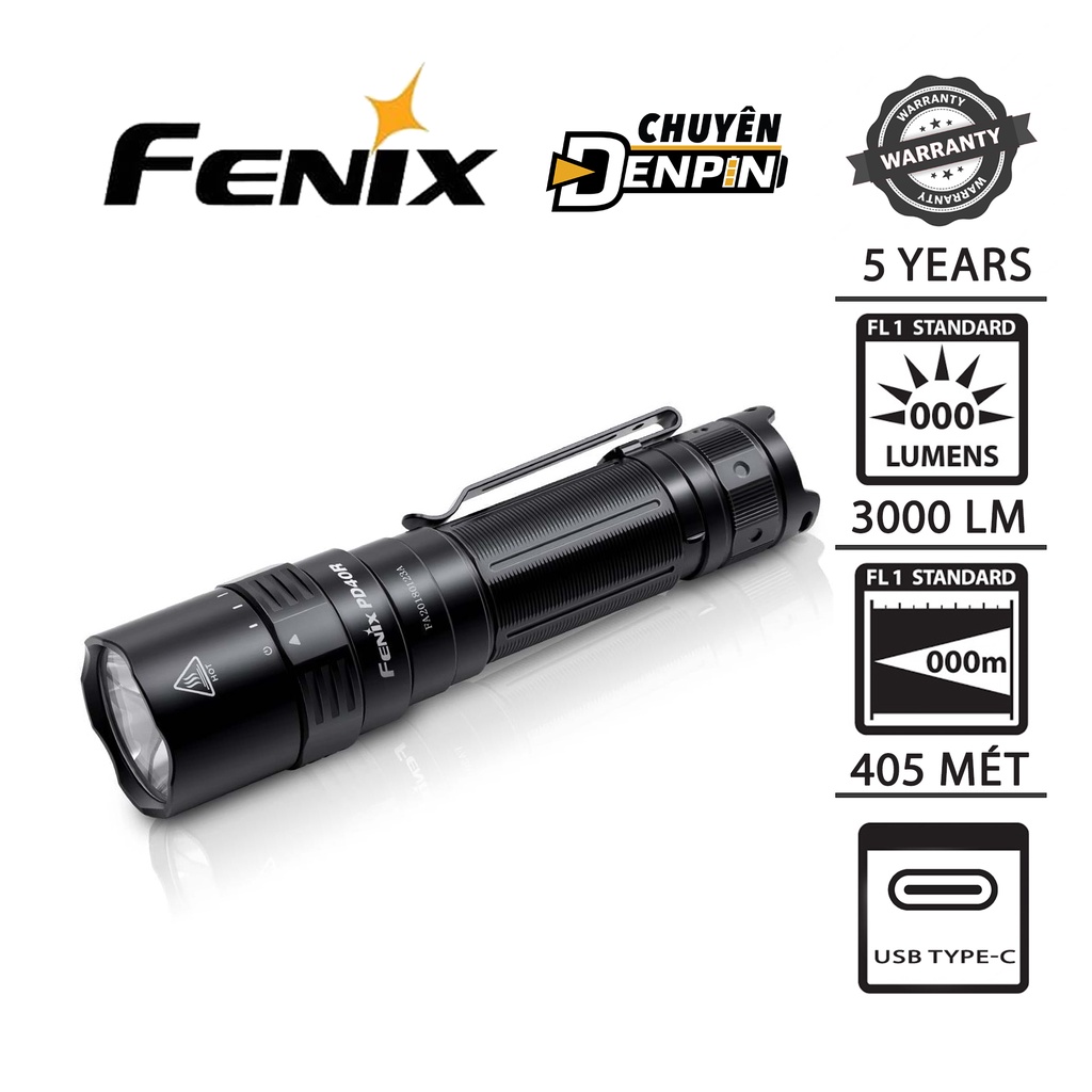 Đèn Pin đặc chủng Fenix PD40R V2.0 công suất 3000 lumens, chiếu xa 405 mét, thao tác chuyển mode xoay,pin 21700 5000mAh.