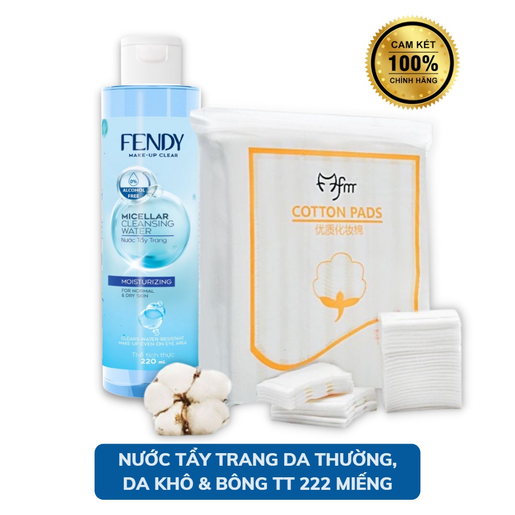 Nước tẩy trang KHÔNG CỒN Fendy 220ml và Bông Tẩy Trang 222 miếng- Tẩy trang Dịu nhẹ KHÔNG kích ứng da- Toner cân bằng da