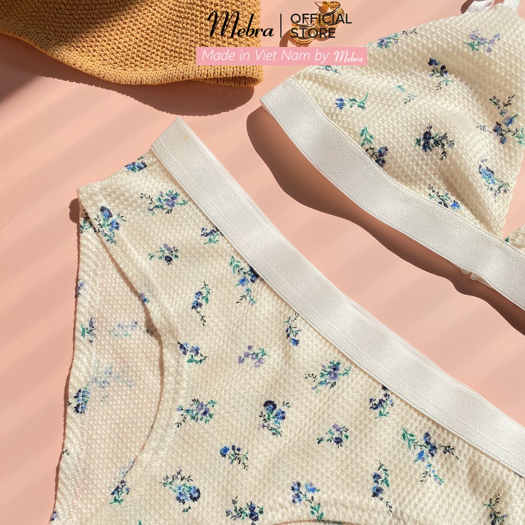 Set bikini đồ lót nữ màu be sáng hoa nhí cotton tổ ong bra không gọng mút mỏng quần tam giác đai to cá tính Mebra A064