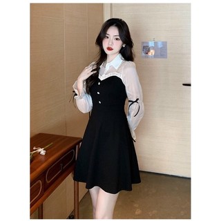 Đầm xoè cổ sơ mi phối tay nơ