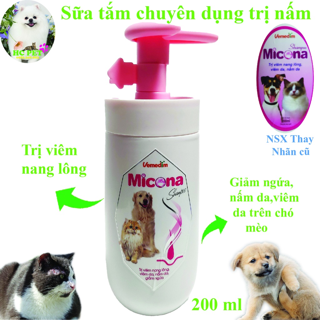 Sữa tắm chuyên dụng trị nấm da,viêm nang lông,vảy ngứa trên Chó Mèo. Micona shampoo 200ml