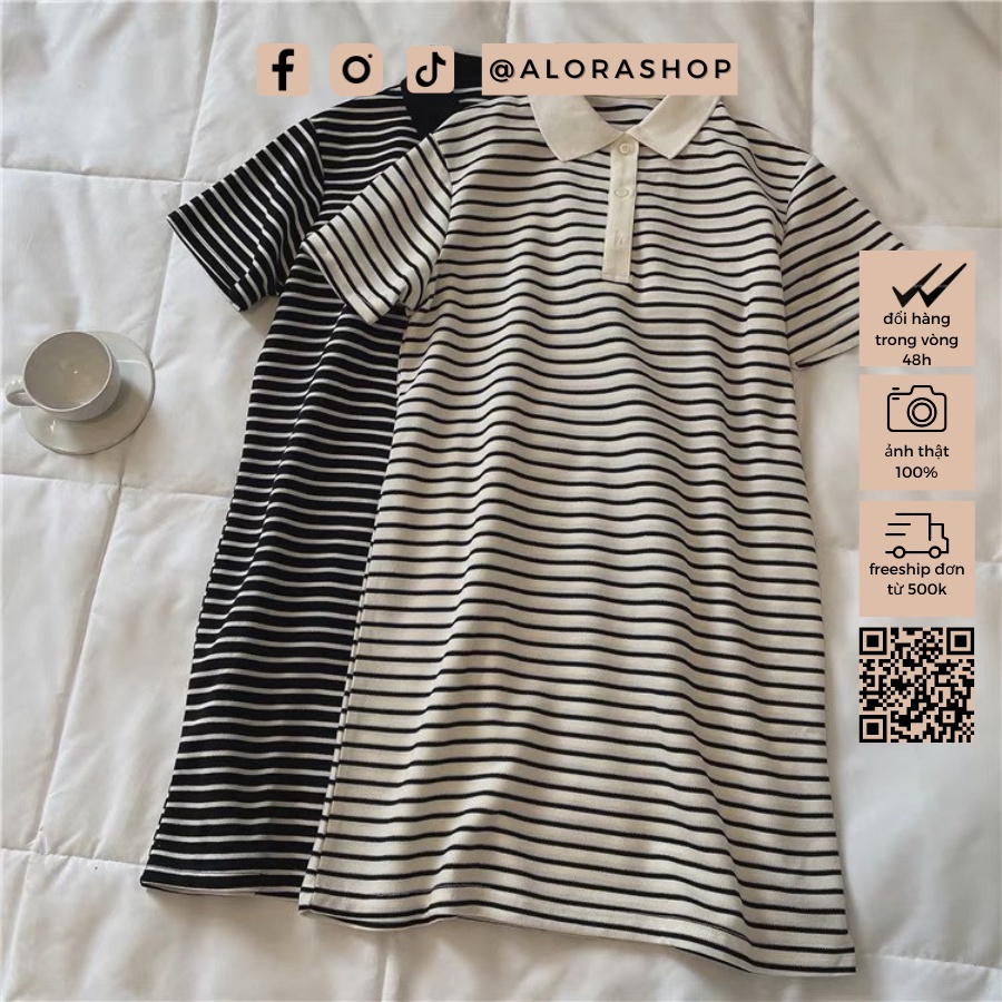 Váy polo cổ bẻ cài cúc kẻ ngang kẻ to dáng xuông tay lỡ trắng, đen thời trang nữ Alora