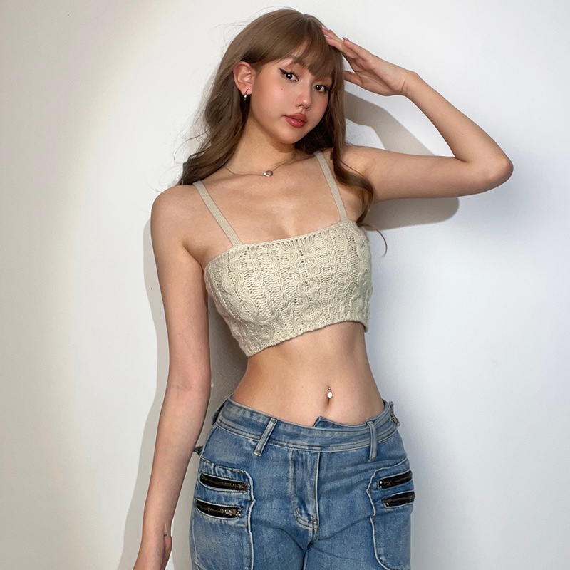 Weird Puss Jennie Áo hai dây Dệt Kim Dáng Ngắn Hở Rốn Eo Cao Màu Trơn Cho Nữ