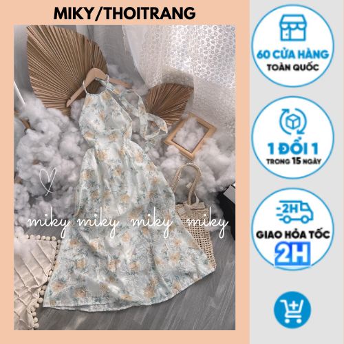 Đầm Maxi Nữ Hai Dây Cổ Yếm, Đầm Hở Lưng Cổ Yếm Dáng Xòe Chất Thêu Đẹp Và Chanh Sả