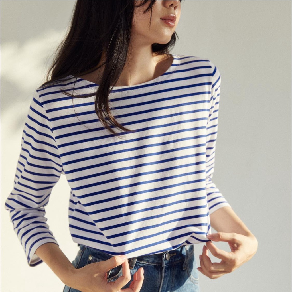 TheBlueTshirt - Áo Thun Tay Dài Nữ Sọc Xanh Trắng - New Classic BlueT - White / Blue Stripe