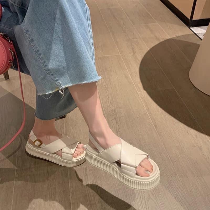 Sandal xuồng 2 quai chéo da mềm cao cấp Hemin Shoes