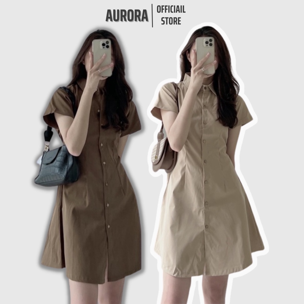 Đầm váy sơ mi tay ngắn lưng chun chiết eo nhiều màu thời trang AURORA