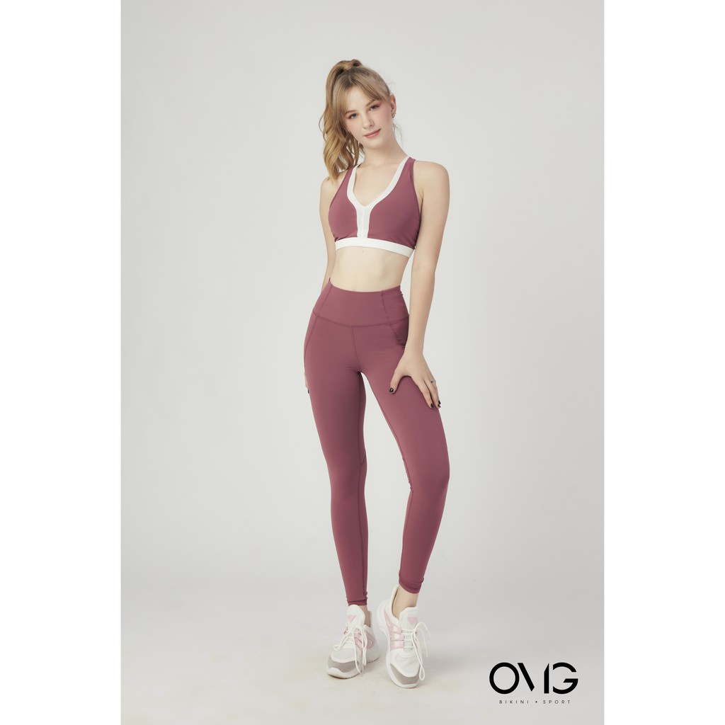 Set đồ tập Gym, Yoga OMG Sport BIKINI PASSPORT quần dài áo bra cổ V phối lưới - màu Đỏ - BG086_RD