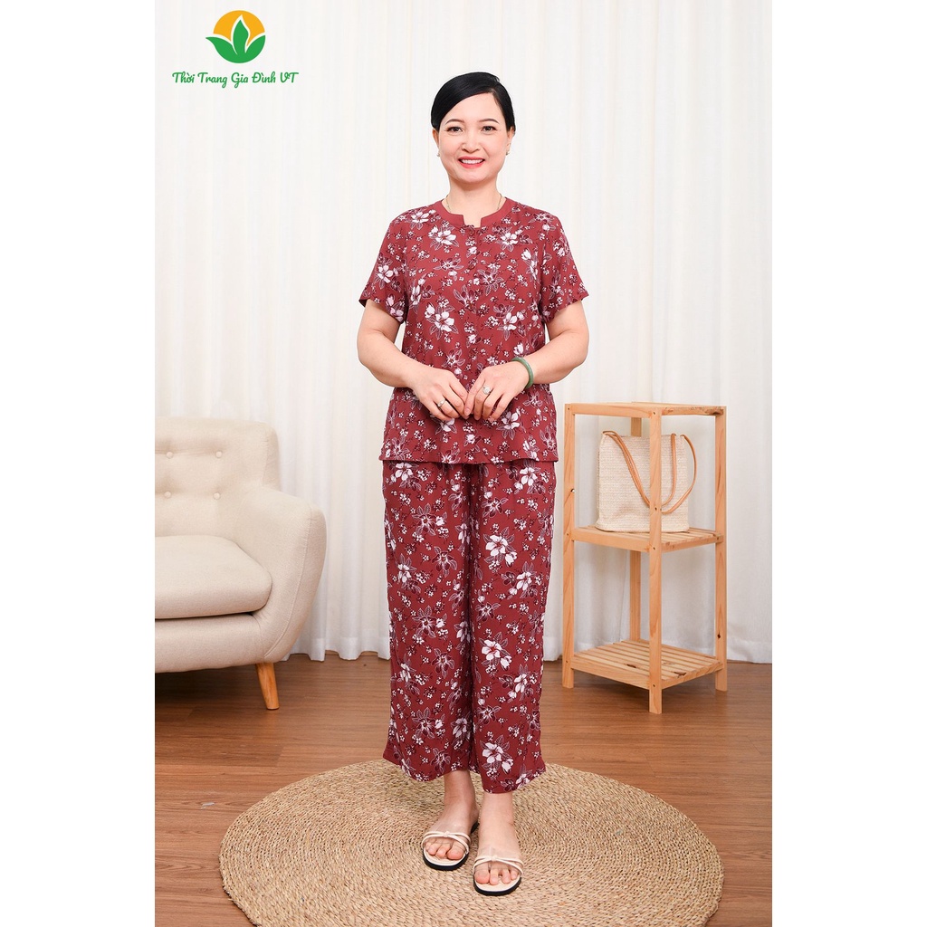 Bộ mặc nhà trung niên Việt Thắng, quần dài, áo cộc tay, chất lanh tole - B06.2313
