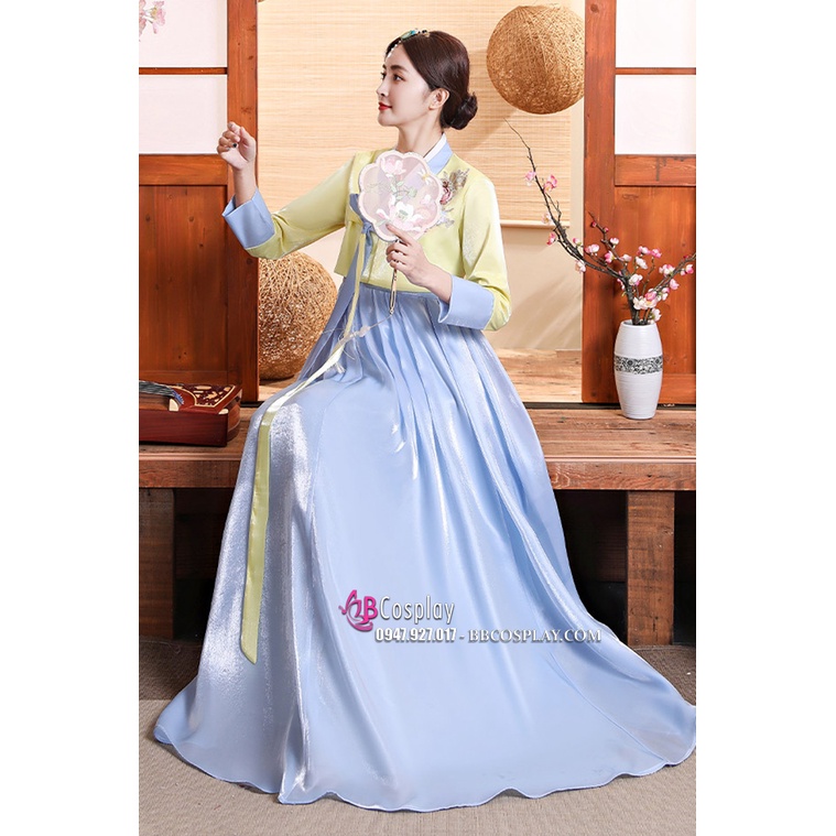 Hanbok Truyền Thống Hàn Quốc Rũ Váy Xanh Áo Vàng Lime Mẫu Mới Vải Cao Cấp