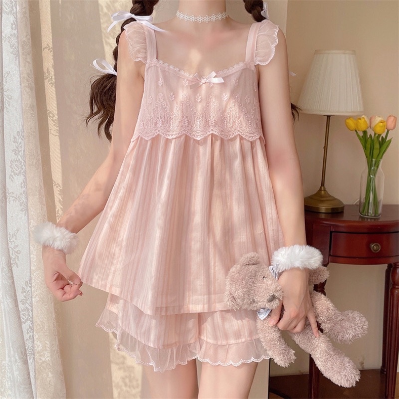 Đồ Ngủ - Đồ Bộ Ngắn Mặc Nhà Tiểu Thư Hai Dây Nơ Ulzzang Quảng Châu