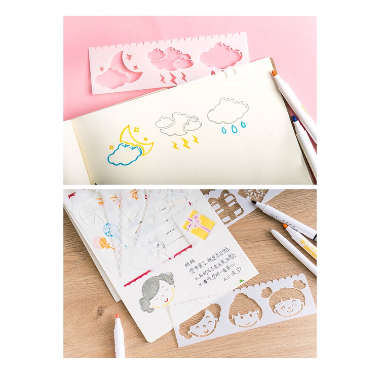 Set 8 Thước Vẽ Hình Trang Trí , khuôn rỗng tập vẽ, thước rỗng vẽ trang trí