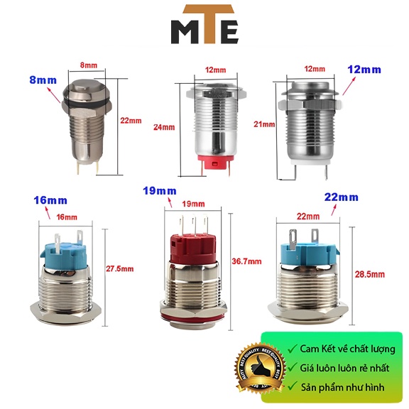 Nút nhấn giữ, nút nhấn nhả chống nước vỏ kim loại 8mm, 12mm, 16mm, 19mm, 22mm