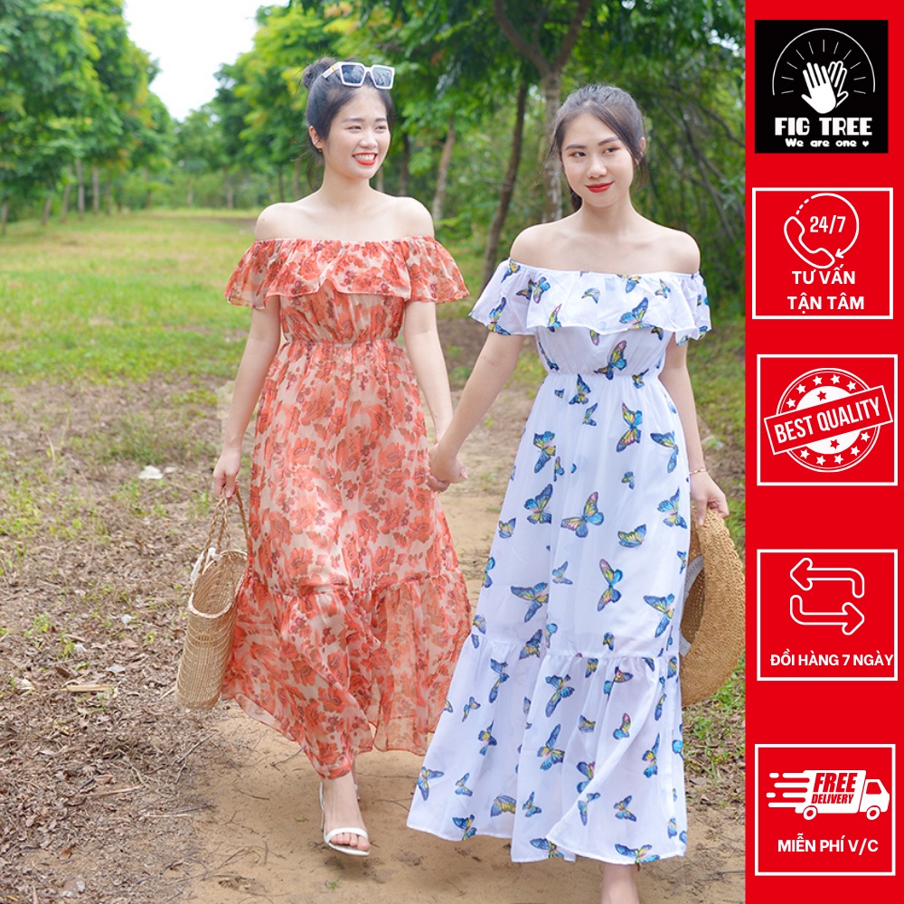 Maxi trễ vai hoa cam-cánh bướm xinh xắn cho nàng