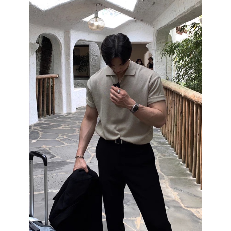 Áo Thun polo Dệt Kim Tay Ngắn Dáng Rộng Đơn Giản Thời Trang Mùa Hè Nhật Bản Cho Nam