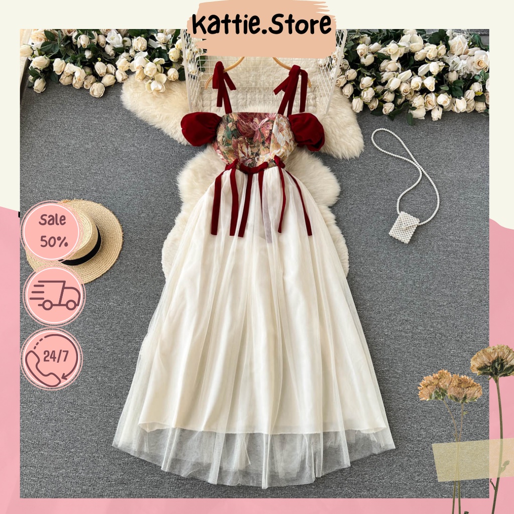 Đầm váy nữ trễ vai dáng dài phong cách công chúa, chất voan bồng bềnh