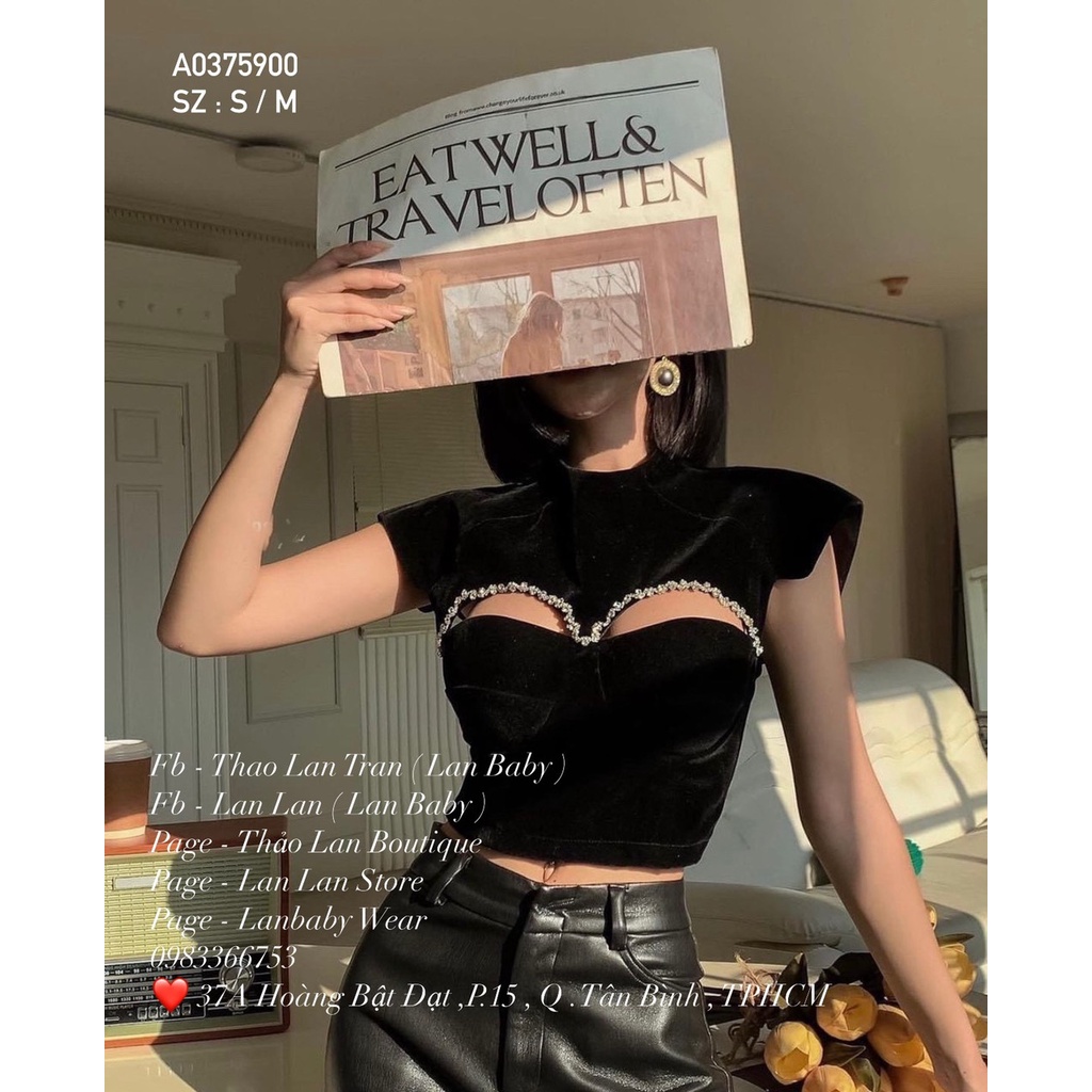 Áo croptop nhung cổ cao cut out ngực viền đá sexy