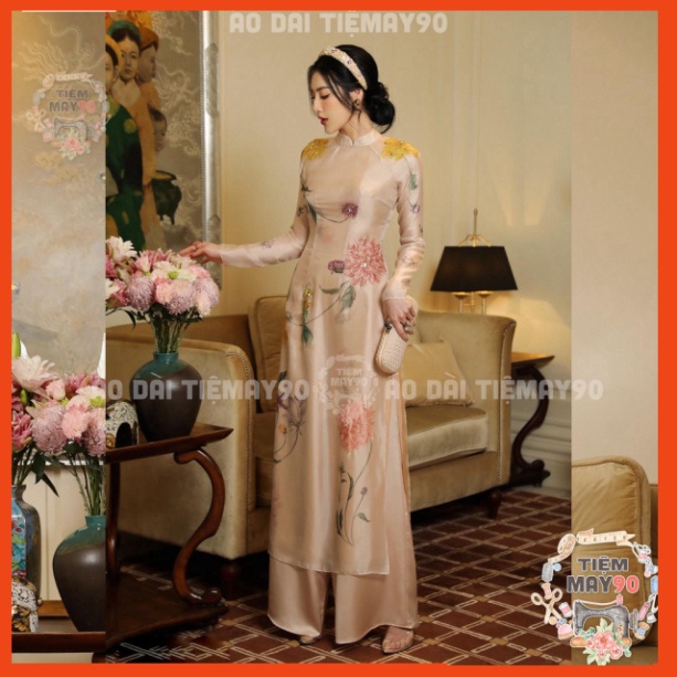 [Ảnh thật} Áo dài hoa nhí cúc thược dược đính sequin Tiệm 90 may sẵn lụa tơ óng 4 tà dự tiệc lễ tết đẹp AD90008