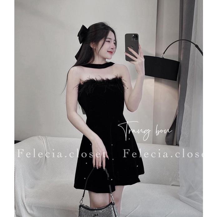 ĐẦM NHUNG KHÂU LÔNG NGỰC ĐÍNH ĐÁ