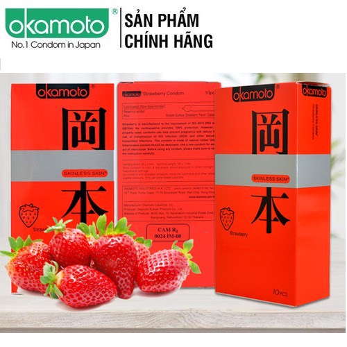 Bao Cao Su Okamoto Strawberry Nhật Bản - Siêu mỏng đột phá mới mẻ với hương dâu - Hộp 10 cái
