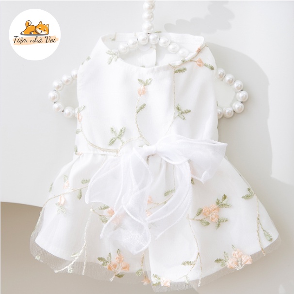 VÁY CÔNG CHÚA TRẮNG THÊU HOA NƠ VOAN XINH XẮN MÁT MẺ MÙA HÈ, VÁY CÔ DÂU CHO THÚ CƯNG