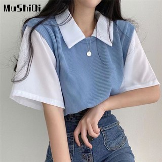 Áo polo MUSHIQI giả hai lớp tay ngắn dáng rộng màu sắc ngọt ngào thời trang cho nữ