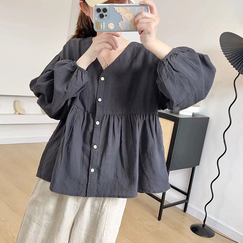 Áo sơ mi KAMAKA linen dài tay cổ V kiểu bo tay - NU8458