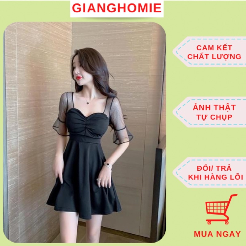Đầm ren nữ Quảng Châu thiết kế tay phối lưới tiểu thư sang chảnh, váy kiểu nữ xoè đẹp trẻ trung