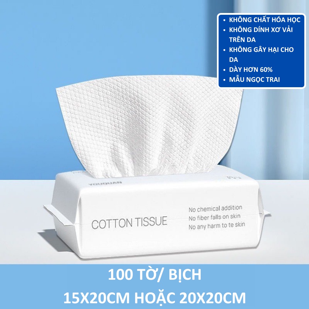 Khăn mặt khô dùng 1 lần Kimhome, khăn lau mặt cotton đa năng không mùi mêm mại, gói 100 tờ/ bịch