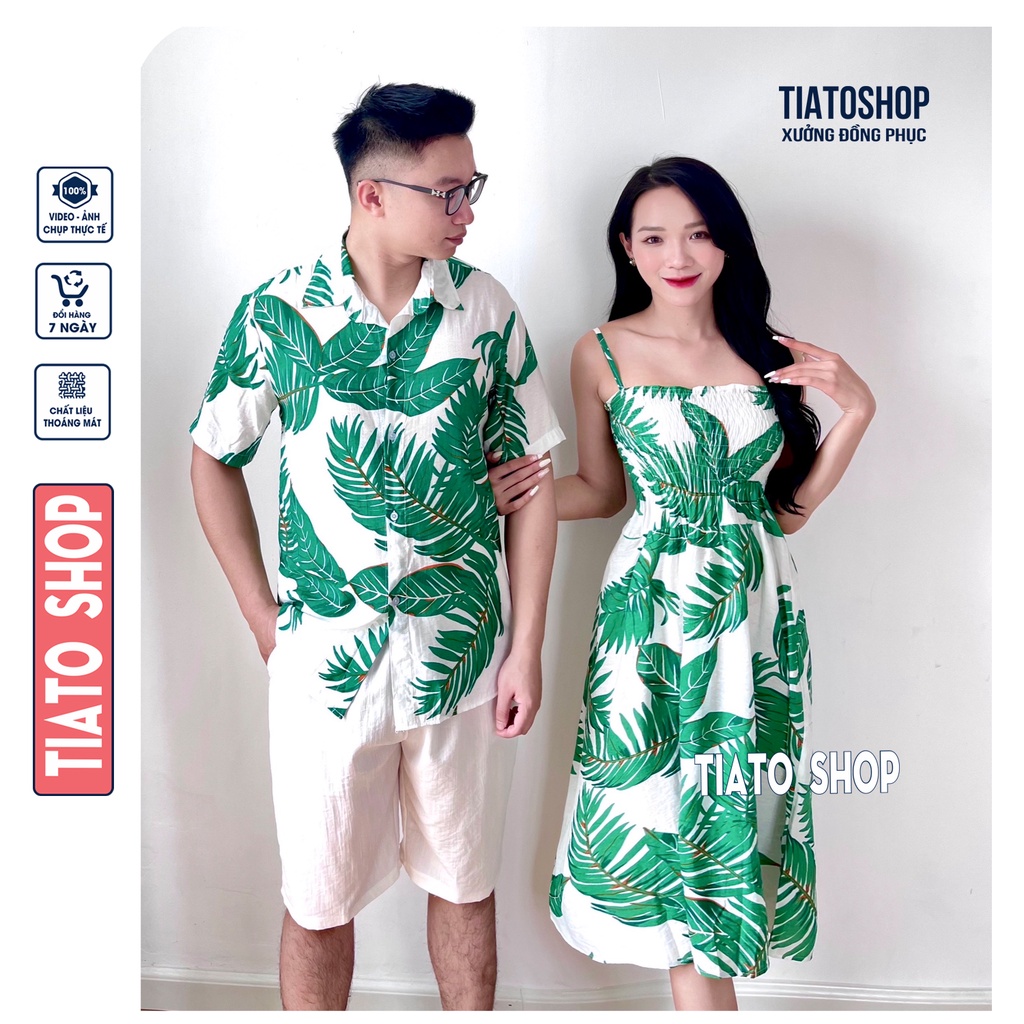 Set Đôi Áo hoa lá, Váy đầm Đi Biển, đồ đôi đi biển, nhóm nam nữ, mẹ và bé, sơ mi hoạ tiết trái cây