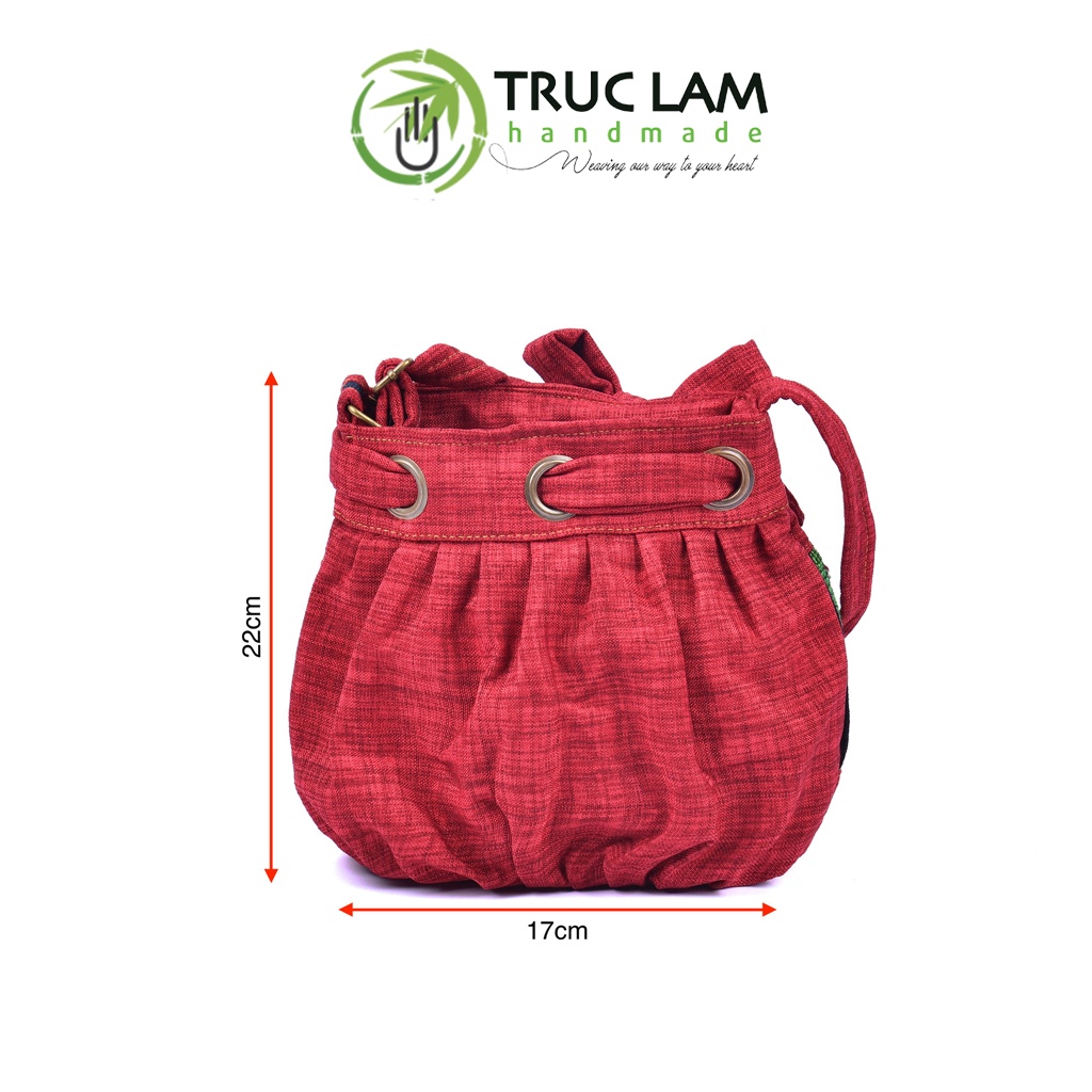 Túi Đeo Chéo Thời Trang Nữ Vải Gai Can Yếm Thổ Cẩm Cổ Thêu Tay Miệng Dây Rút Thắt Nơ DOCUTCT101 Trúc Lâm Handmade