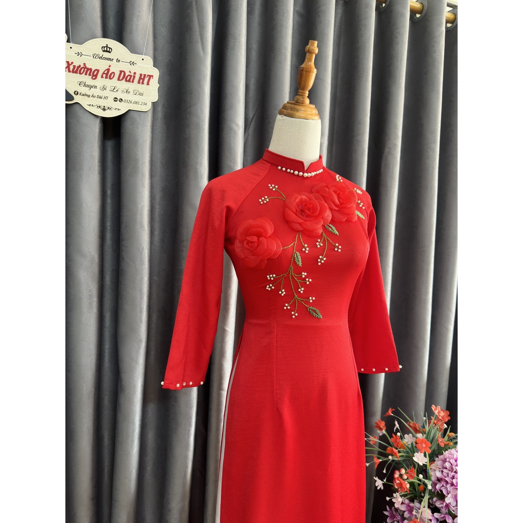 Áo dài lụa tây thi thêu hoa đính kết trẻ trung sang trọng