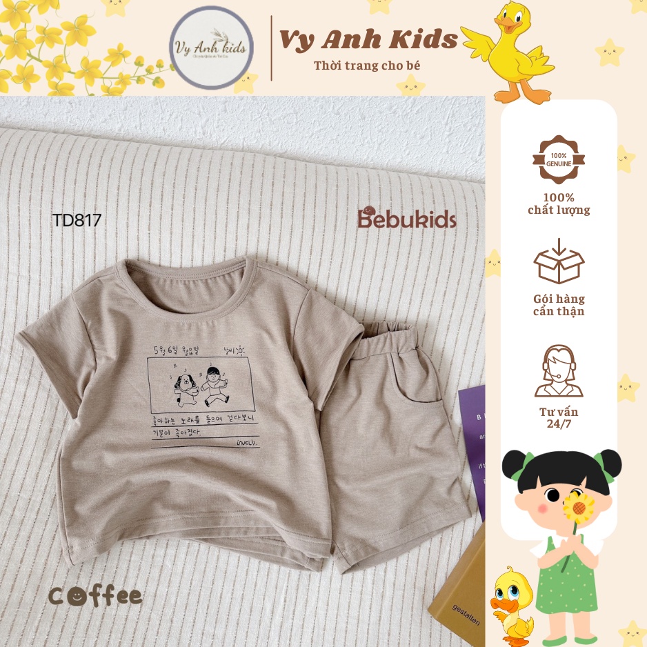 Bộ quần áo cộc tay cho bé in chú cún ngộ nghĩnh, Bộ quần đùi áo cộc tay bé màu be chất cotton mềm mịn